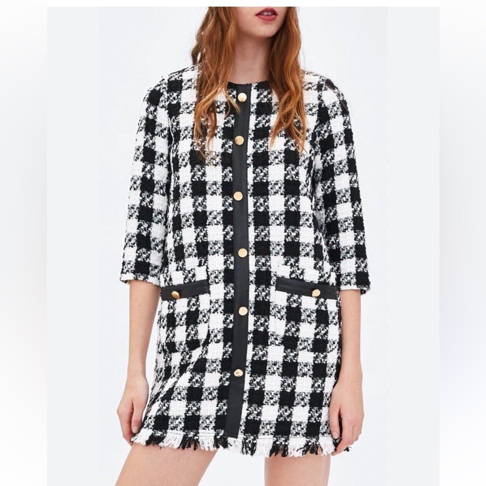 NEW ZARA TRF Tweed Houndstooth Tweed Shift Dress Size M